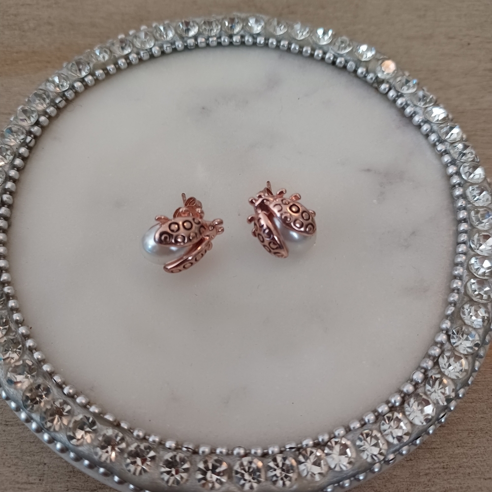 Rose Goldtone Pearl Good Luck Ladybug Stud Earrings - Picture 4 of 5